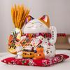 9 Inch Ceramic Lucky Cat Figure Porcelain Maneki Neko Statue Beckoning Cat Waving Hand Desktop Dried Flowers Vase Ornament