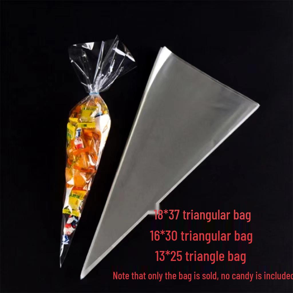 Popcorn Cone Packaging: Triangle Transparent Candy Bags with Ties, 100-Piece Pack.