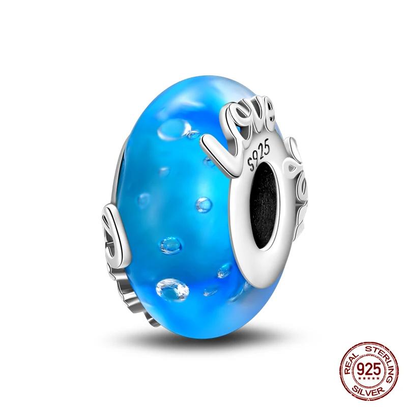 925 пробы стерлингового серебра Blue Ocean Flower Feather светящиеся стеклянные подвески модные бусины подходят бренду 3 мм оригинальные браслеты DIY ювелирные изделия