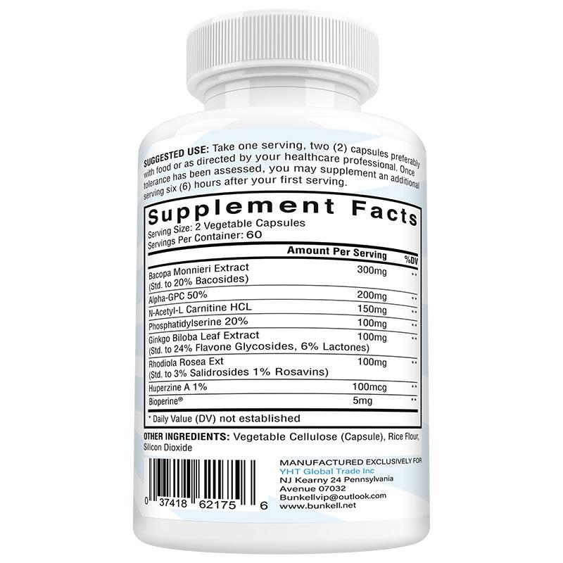 Bunkell Brain Focus Dietary Supplement - 120 Vegan Capsules