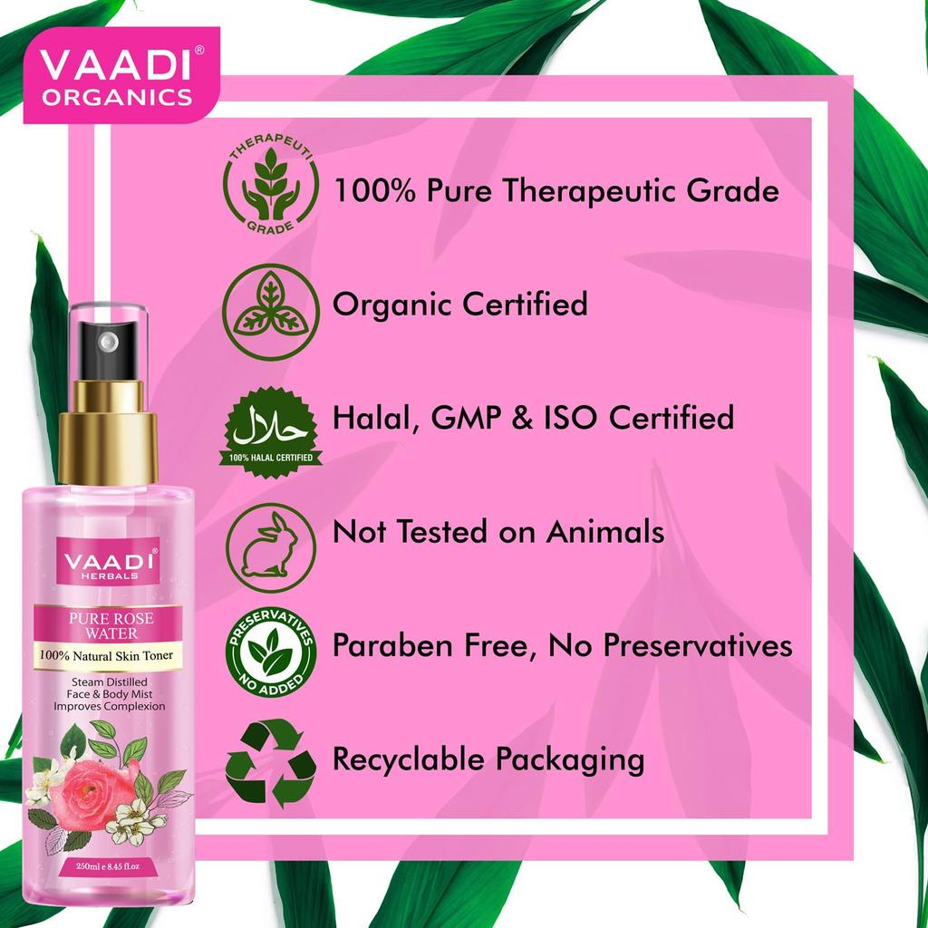 Vaadi Herbals Rose Water 250ml Pack of 1 – Hydrating, Soothing, Natural Skin Mist for Healthy Complexion