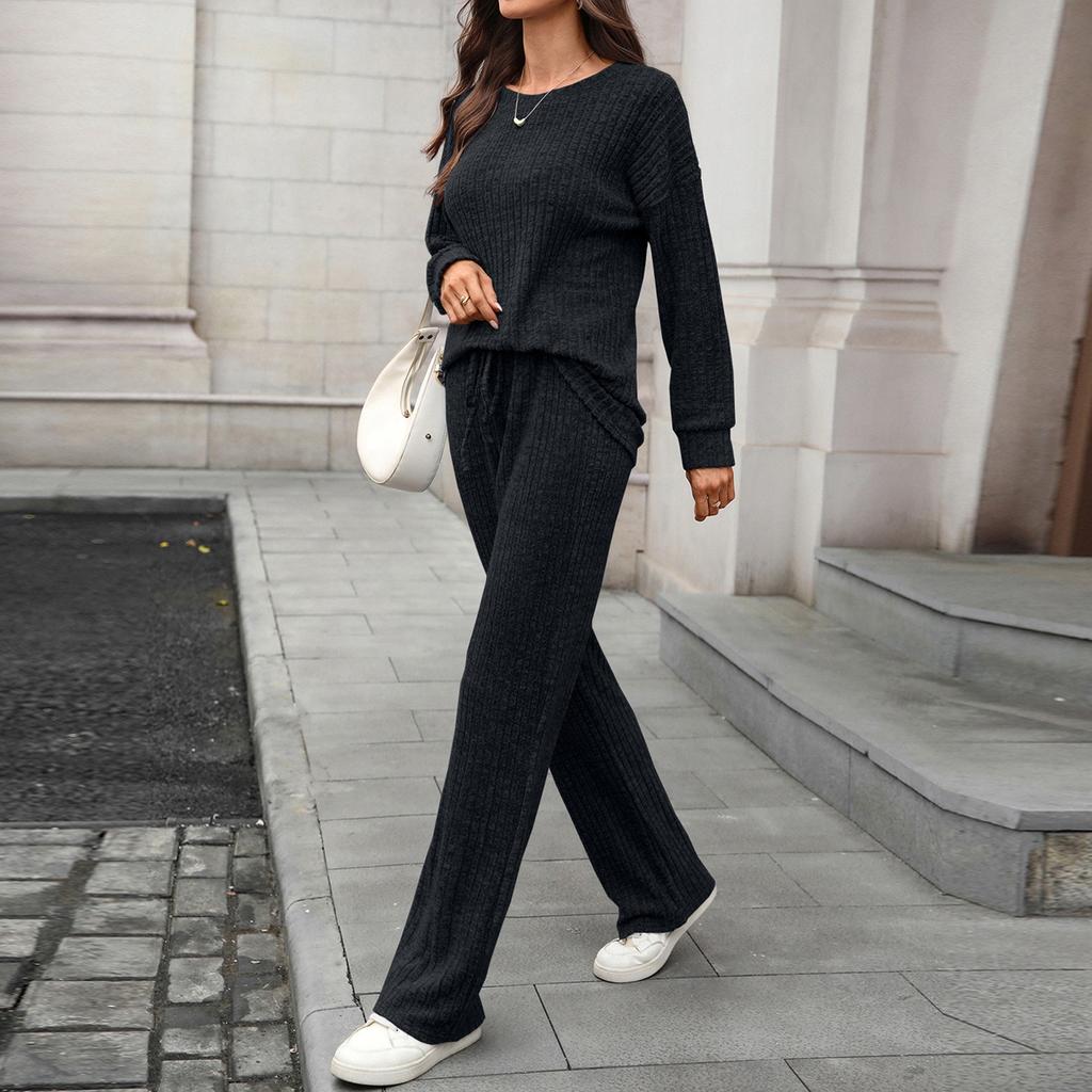 Женский модный и удобный трикотажный комплект для отдыха с круглым вырезом, длинными рукавами и брюками с начесом