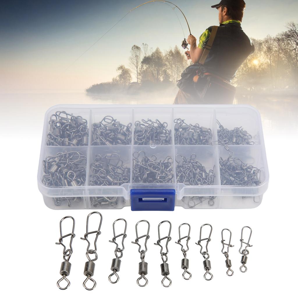 210pcs Fishing Swivels Snaps Set Stainless Steel Rolling Barrel Swivel with Safety Snaps Fishing Line Connector