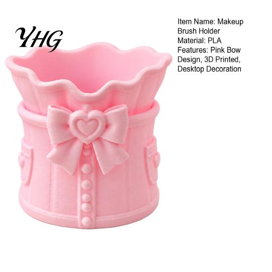 3D Printed Pen Cup Pink Bow Makeup Brush Holder, Desk Organizer, Cosmetic Decorative Holder Brushes & Storage for Vanity Decoration Sundries Container
