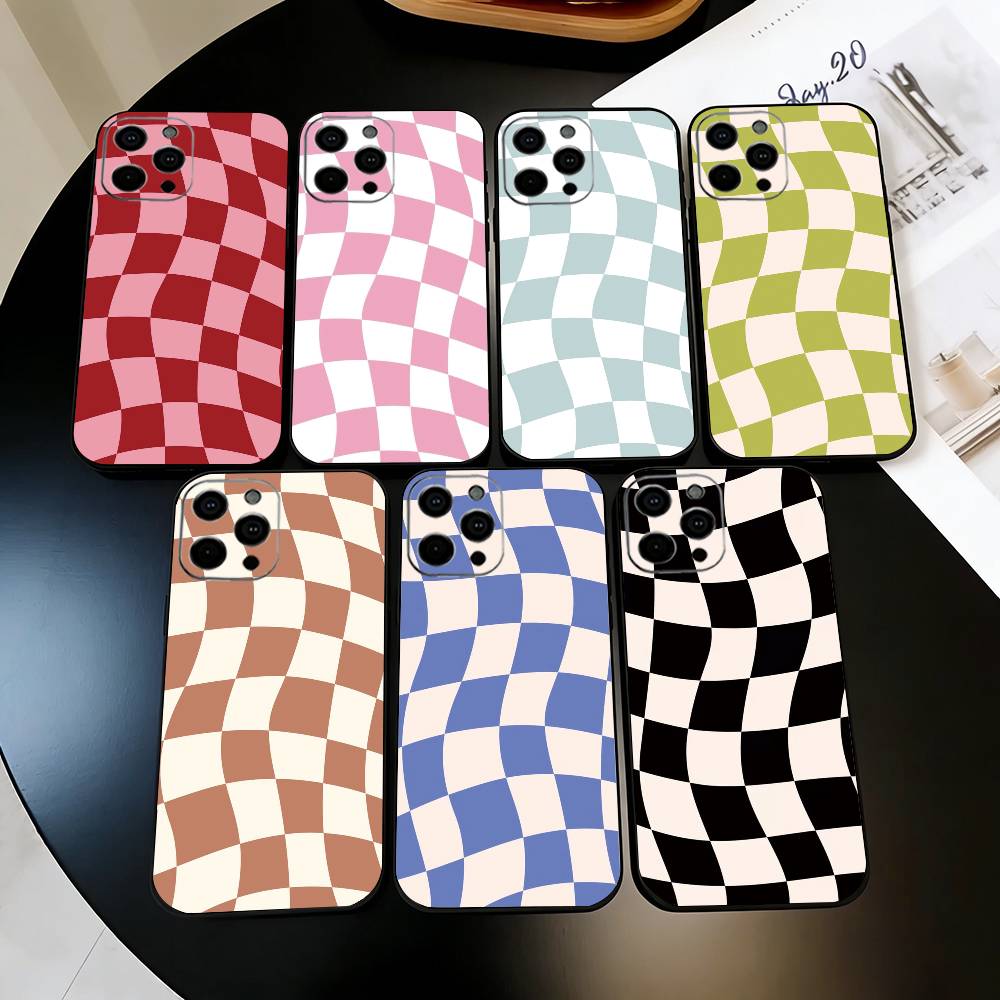 Однотонный клетчатый чехол для телефона для iPhone 17,16,15,14,13,12,11 Plus,Pro Max,XS,Мягкий силиконовый черный чехол
