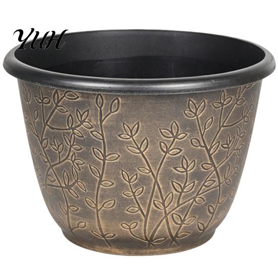 Large Plant Basin with Saucer 12 Inch Thickened Flower Pots for Outdoor Indoor, Plastic Leaf-Pattern Texture Weather Resistant Containers Planter