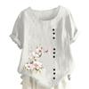 Women's Cotton Linen Round Neck Short Sleeve With Button Tops Printed T-shirt