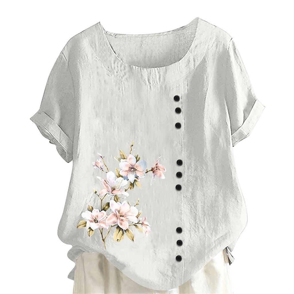 Women's Cotton Linen Round Neck Short Sleeve With Button Tops Printed T-shirt