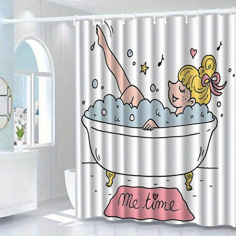 Bubble Bath Shower Curtain Cartoon Girl in Tub Print Waterproof Polyester Bathroom Decor Bath Curtain Set