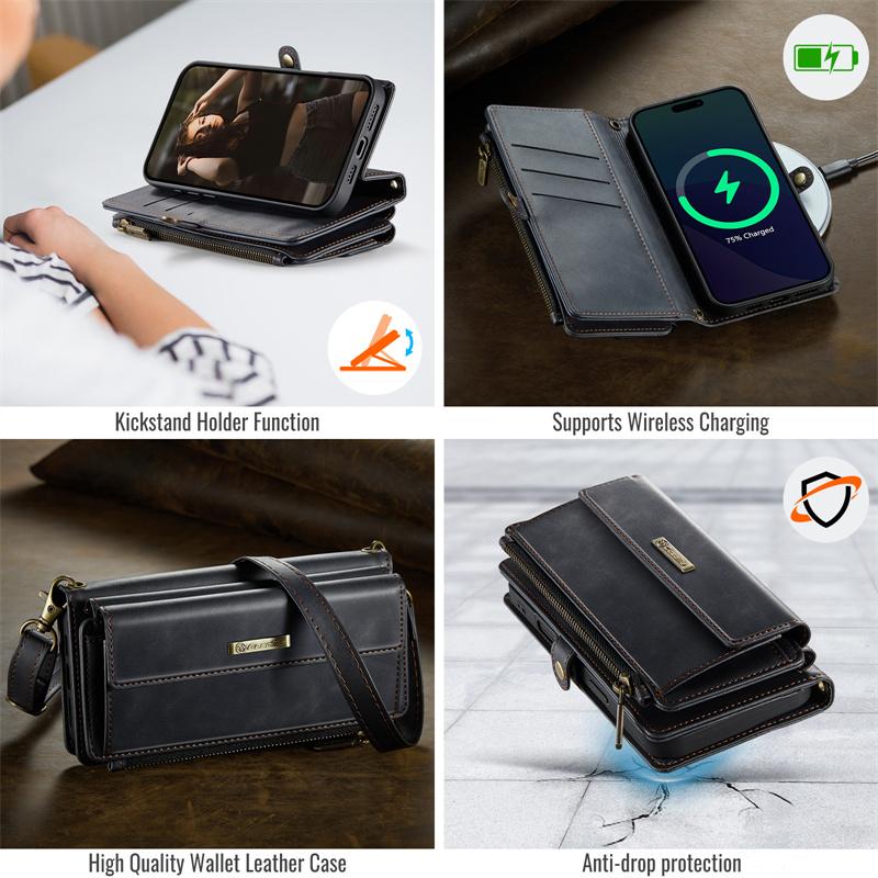 CaseMe Кожаный чехол-книжка для iPhone 17 Pro Max 17E Air 16 Plus 16E 15 14 13 12 11 X XS XR SE 2022 8 с длинным ремешком, кошельком на молнии, обложкой для нескольких карт