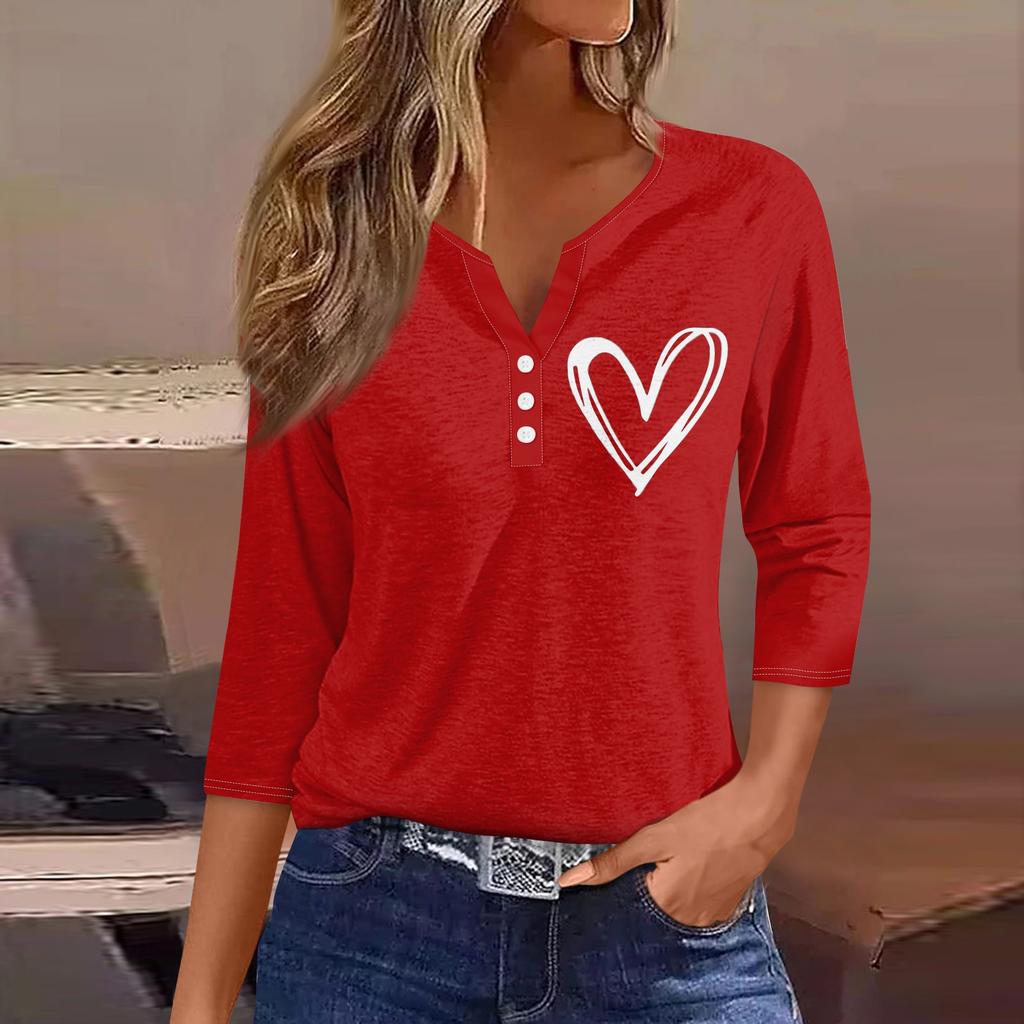 Жен. Футболка Футболка С принтом Пуговицы Рукав 3/4Ежедневно Выходные Мода Классический Топ с v-образным вырезом Обычный