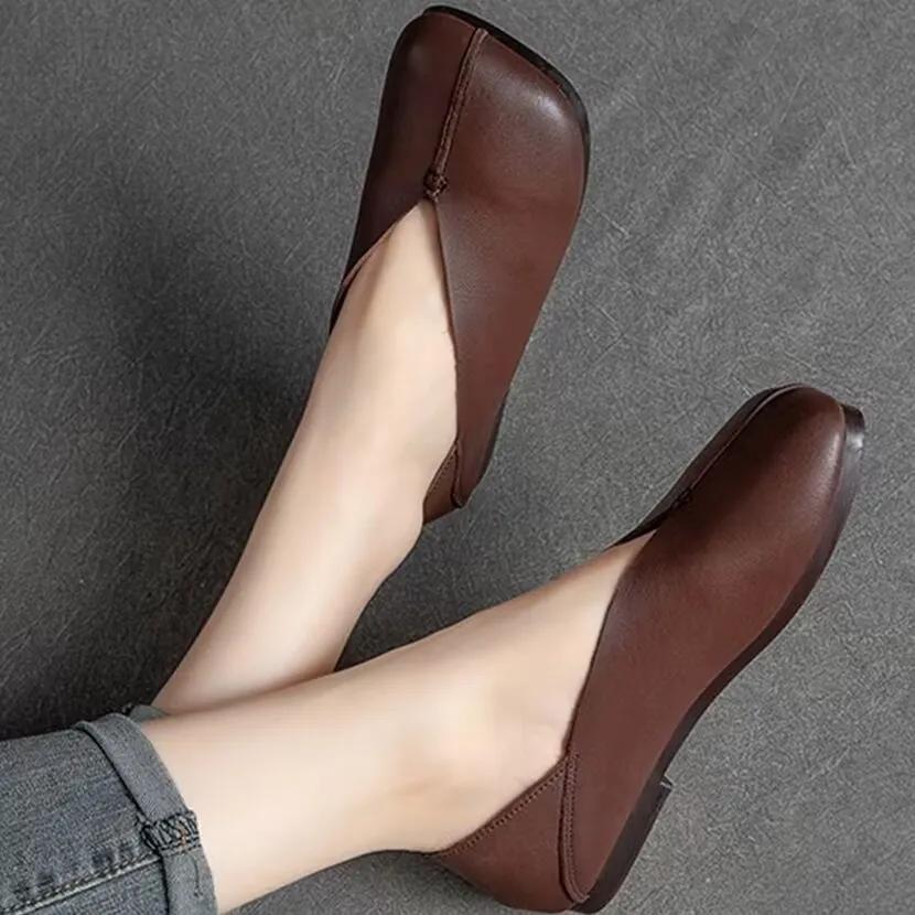 Women's Flat Shoes Square Toe Genuine Leather Soft Sole Comfortable Pumps Fashion Casual French Slip-on Sewn Loafers