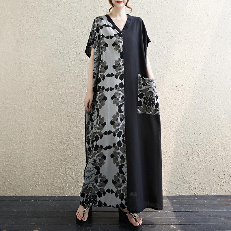Хлопково-льняное художественное ретро-платье с V-образным вырезом, которое скрывает фигуру и стройнит. Женское длинное платье с короткими рукавами и цветными блоками.