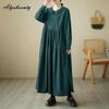 Плюс размер осень-весна женское платье большого размера с воротником Питера Пэна черно-зеленое кофейное повседневное свободное платье винтажное вельветовое платье с длинным рукавом