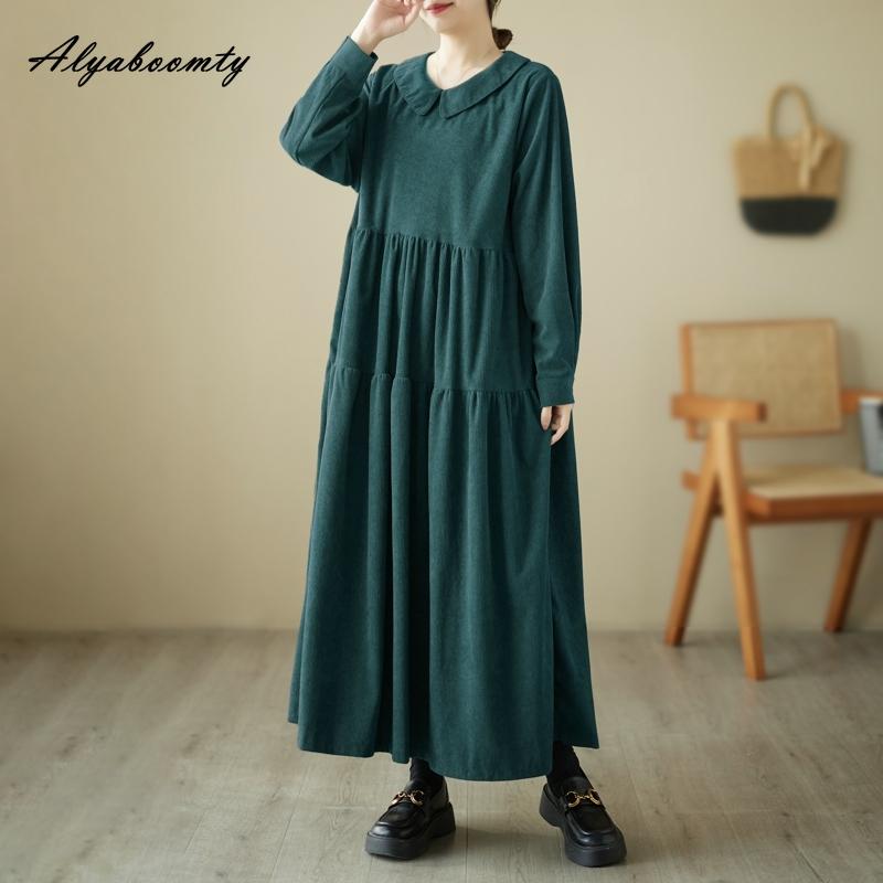 Плюс размер осень-весна женское платье большого размера с воротником Питера Пэна черно-зеленое кофейное повседневное свободное платье винтажное вельветовое платье с длинным рукавом