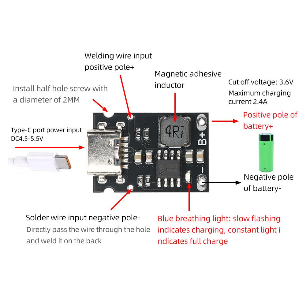 DC 4.5-5.5V 1S Lithium Iron Phosphate Battery Dedicated Charging Module High Current Charging Board Type C 3.2V/3.6V 2.4A