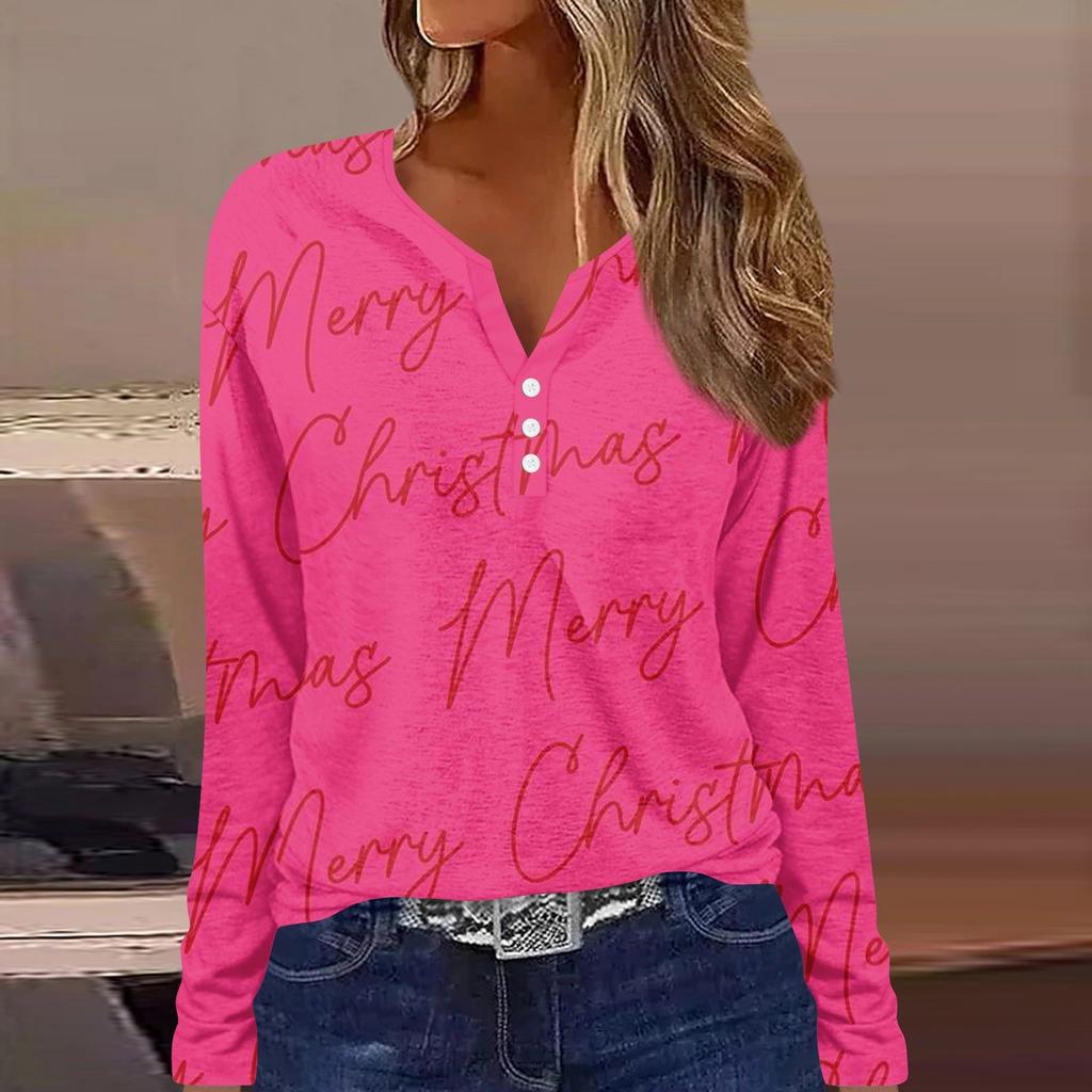 Женская мода повседневная цветочная рождественская печать V-образный вырез с длинными рукавами на пуговицах с длинными рукавами топ