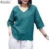 Women Casual V-Neck Solid Color Loose 3/4 Sleeve Blouse