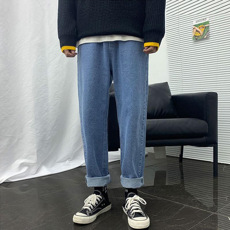 Мужские брюки Летняя весенняя одежда Прямые джинсы с девятью точками Мужские свободные узкие брюки на привязках Студенты-мужчины Трендовые универсальные широкие брюки