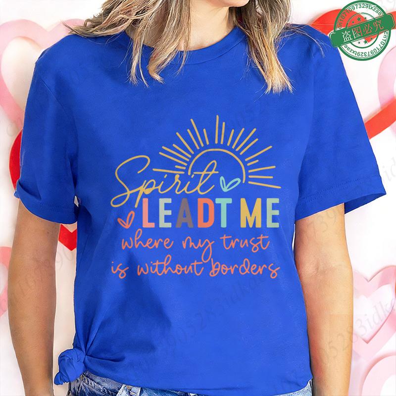 Spirit Lead Me Where My Trust Is Without Borders T-Shirt for Women Mountain Sunrise Graphic Tee Faith Short Sleeve O Neck Tops