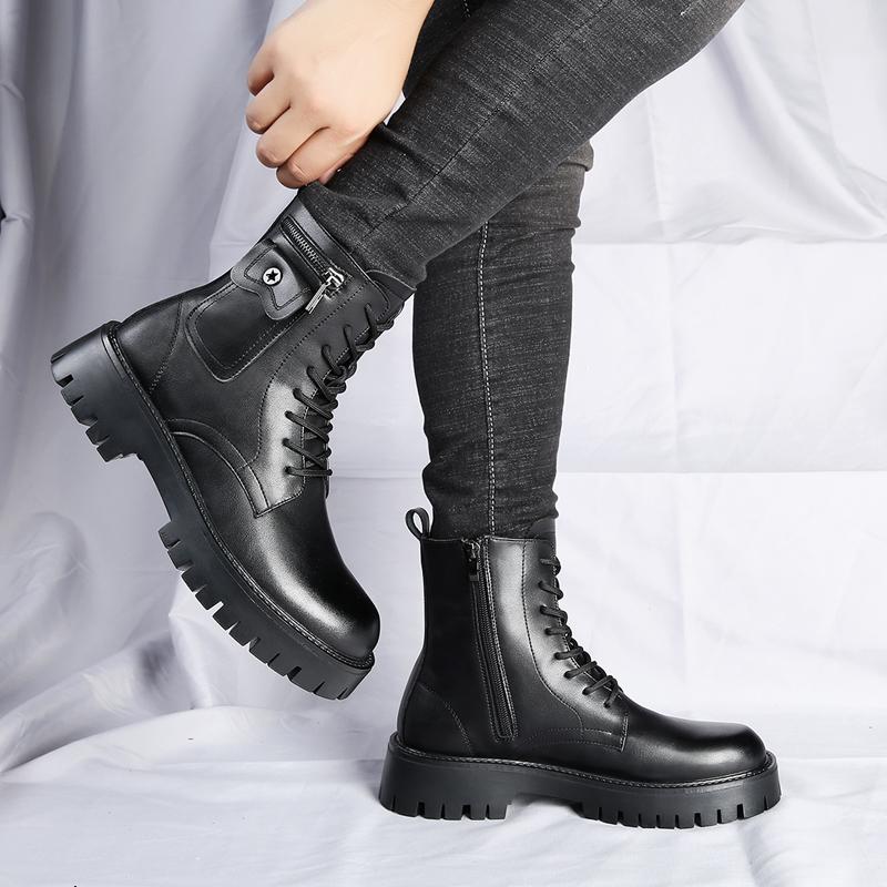 Модные джинсовые ботинки мужские PU высокие на шнуровке с молнией украшения маленький карман круглый носок толстая подошва деловые ботинки трендовые нескользящие мужские ботинки