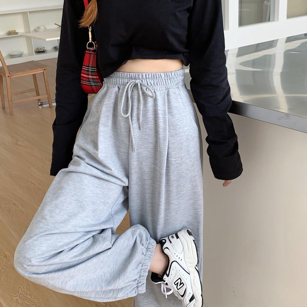 Women's Gray Wide-Leg High Waist Sports Pants with Loose Cuffs - Slimming and Versatile for Autumn/Winter