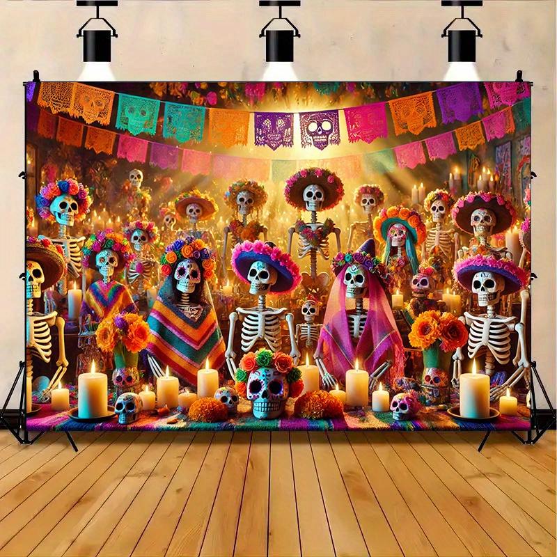 The colorful Mexican Festival of Death spotlight background for birthdays Christmas and Thanksgiving - colorful skulls