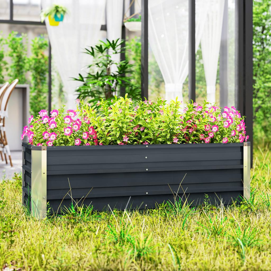 Steel raised garden bed, planter box, flower box, flower pot with gloves, charcoal gray, 125 x 47 x 44 cm