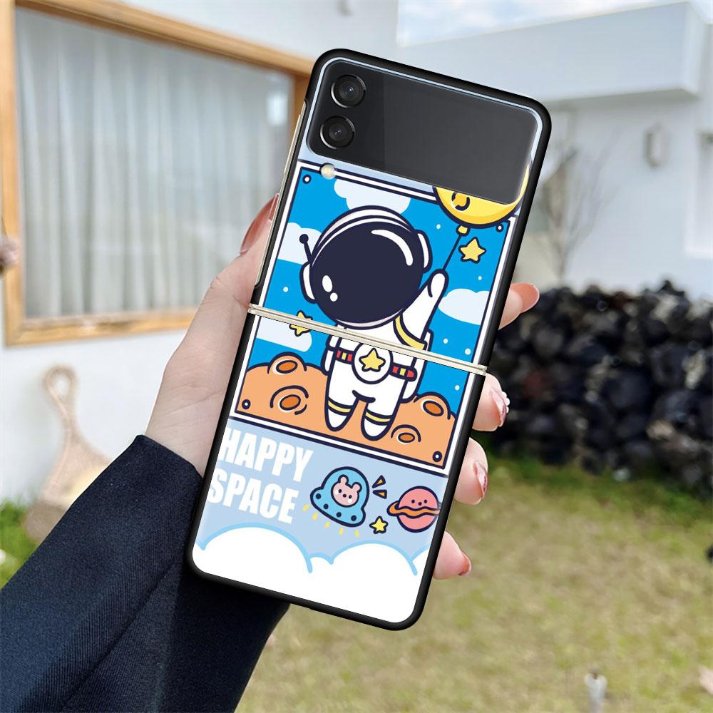 Роскошный чехол для Samsung Galaxy Z Flip 4 3 5G, черный ПК, жесткие чехлы для телефонов, модная задняя крышка ZFlip Funda, мультяшный крутой мешок астронавта