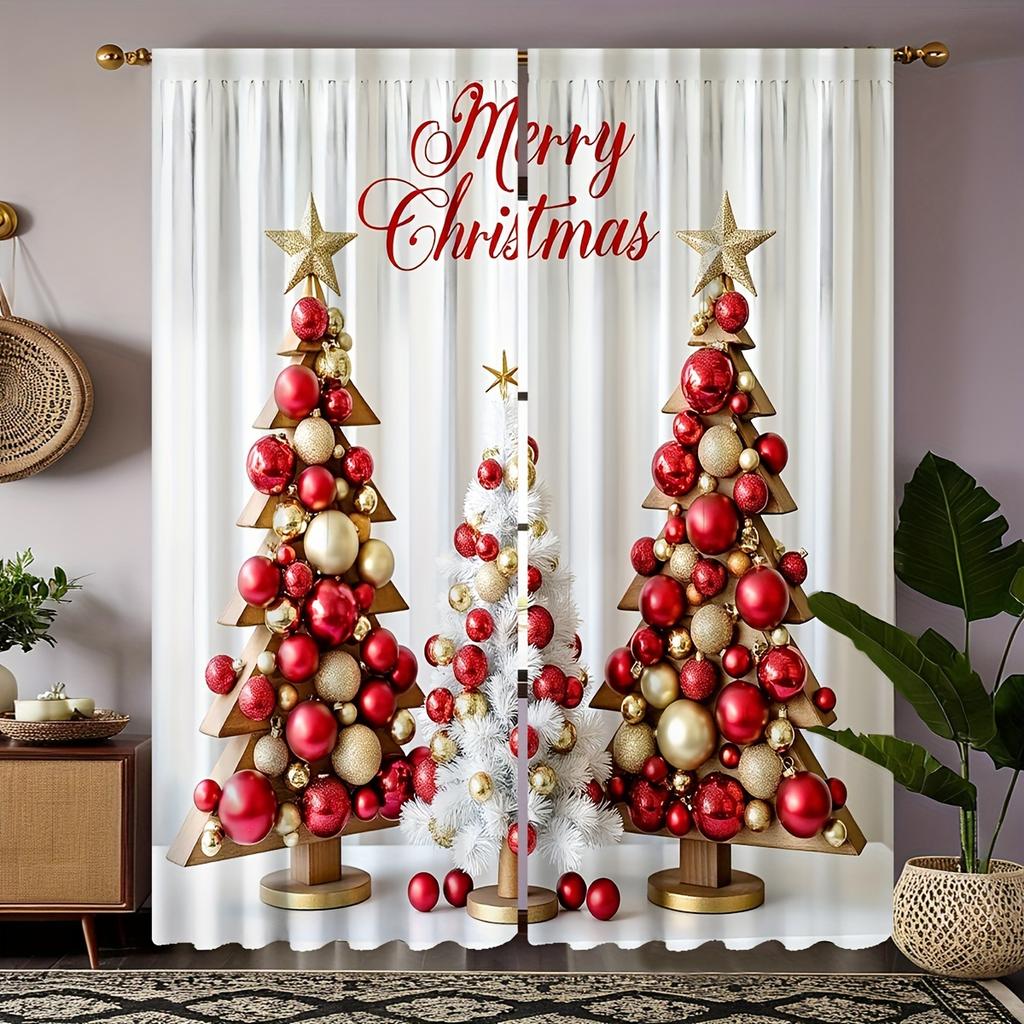 2pcs Luxurious Christmas Lights Print Curtains Set Semi-Sheer Polyester With Rod Pocket For Easy Hanging For Bedroom Living Room