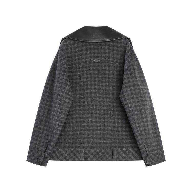 ELLE French Plaid Spliced Fashion Design Sheepskin Casual Loose Versatile Long Sleeve Double-Sided Wool Coat Women coats EN52470