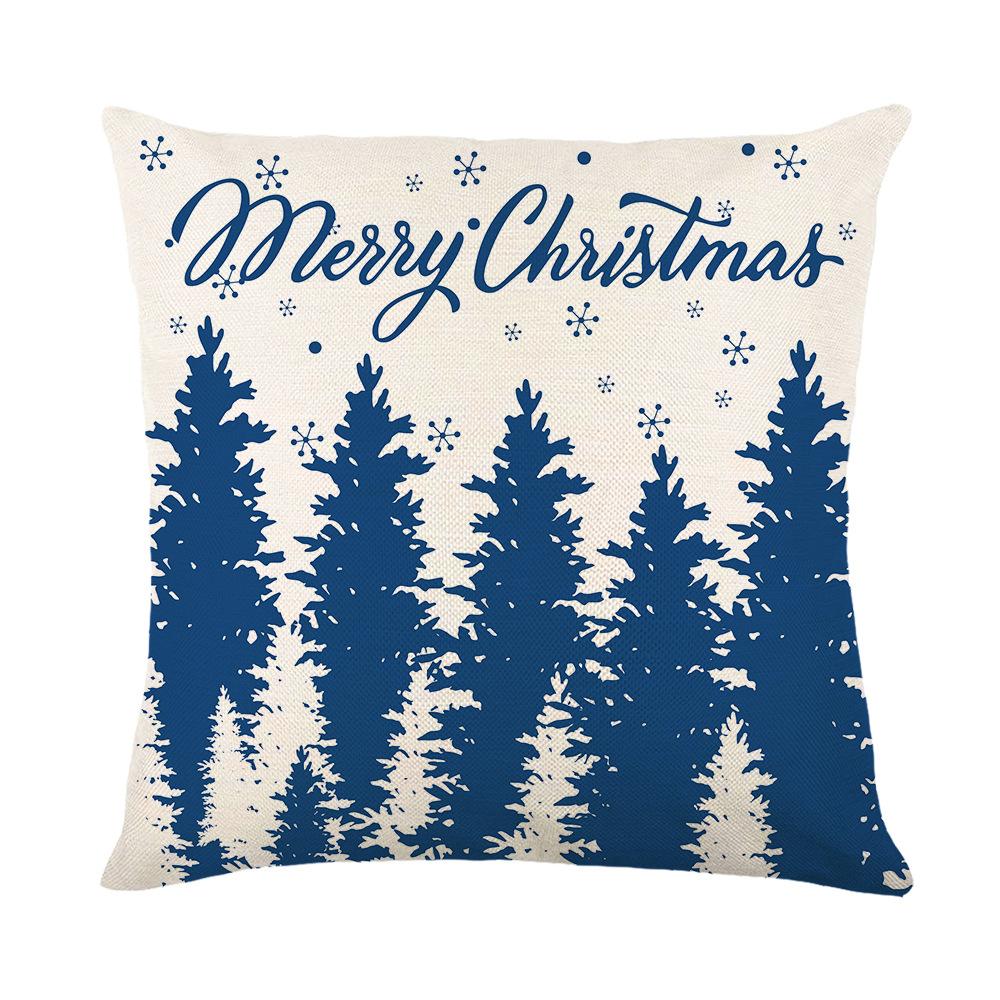 Blue Christmas Ornament Cushion Cover Printed Bear Snowflake Elk Santa Claus Tree Merry Christmas Lettering Linen Pillowcase