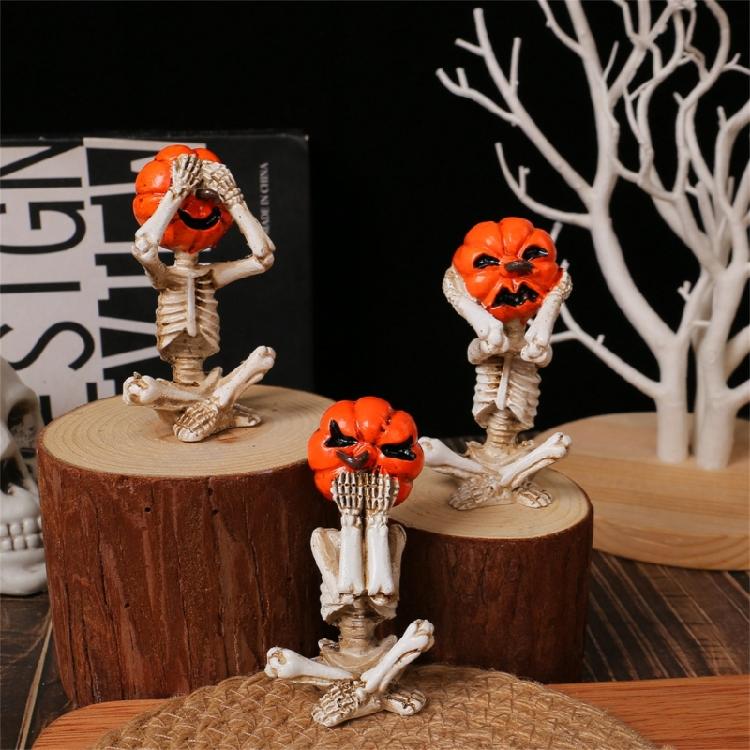 Pumpkin Skeleton Statue Mini Skull Figurines Resin Skull Fishers Sculpture for Outdoor Garden Pond Fountains Poolsides