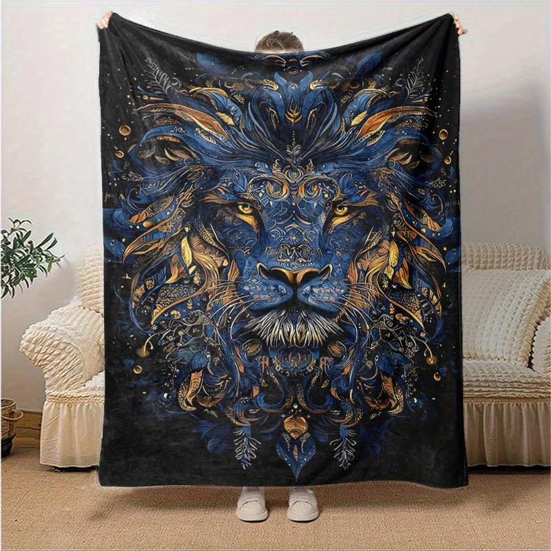 1pc Blue and Gold Ornate Lion Portrait Blanket Soft and Cozy for All Seasons, Living Room, Travel, Camping, Car Blankets