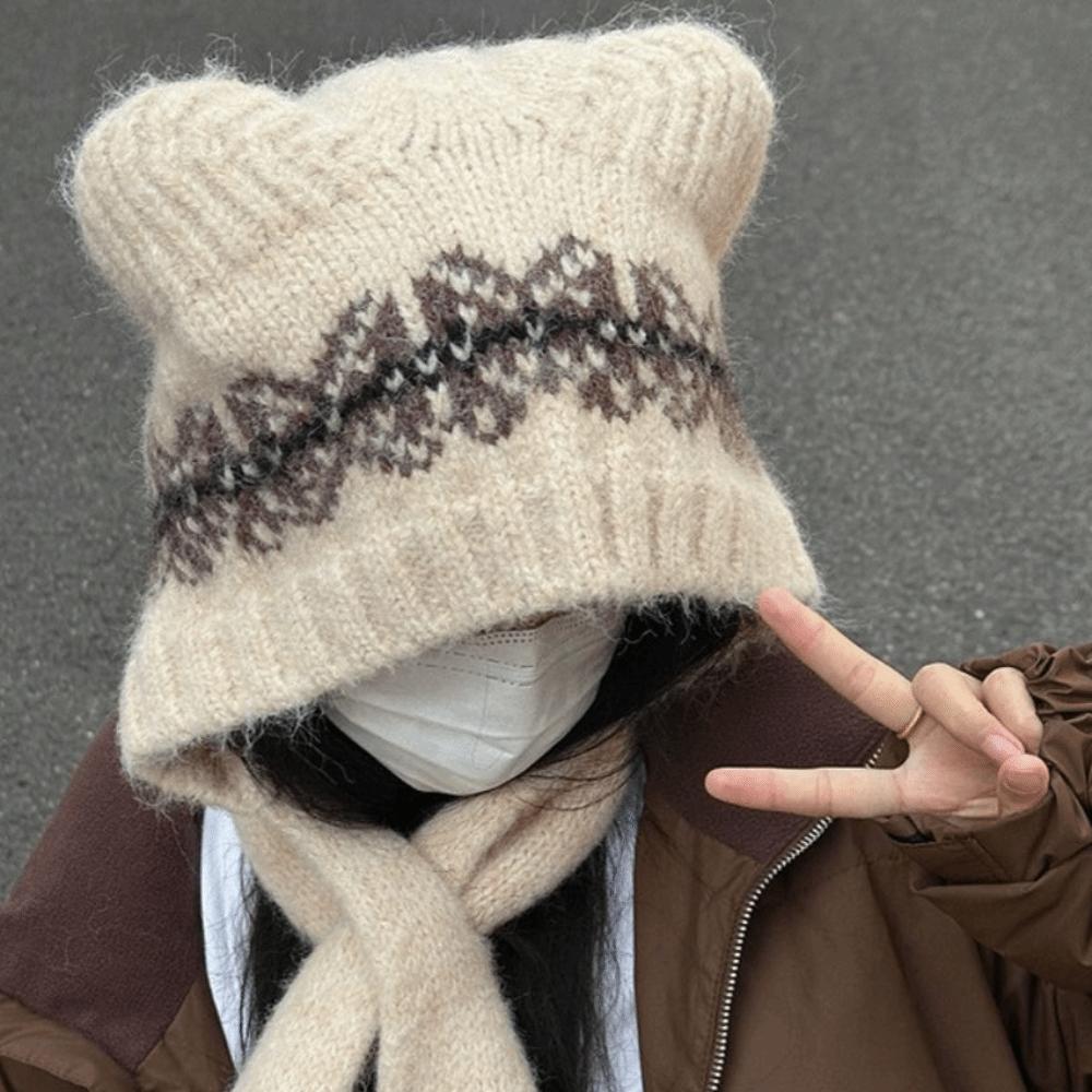 Ethnic Style Jacquard Knitted Hat Fair Isle Style Printing Knit Cap Cute Bear Ears Beanies Outdoor
