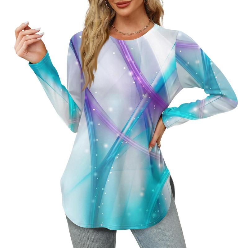 Womens Long Sleeve Round Neck Shirts Side Split Basic Loose Tunic Tops Floral Print Casual Shirts T-Shirts Women’s