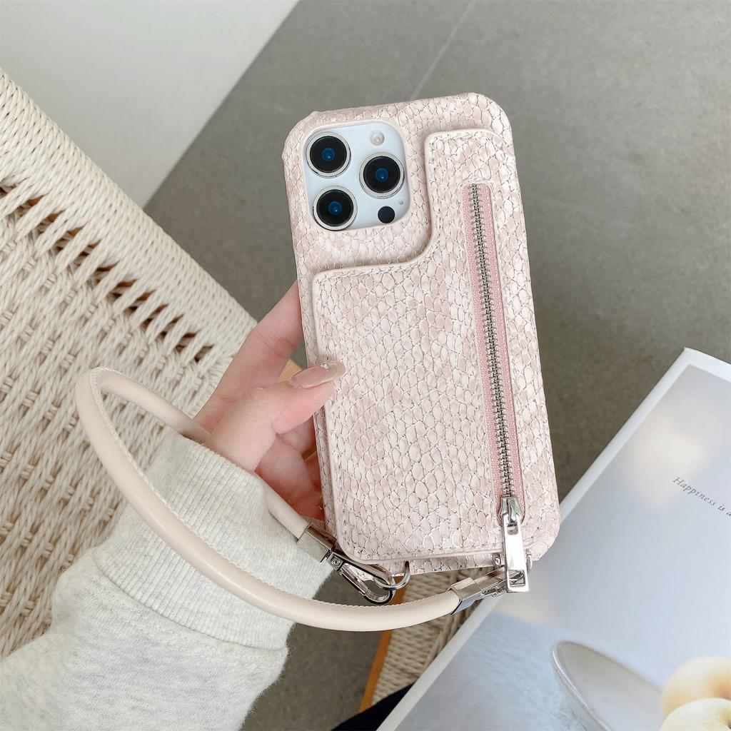 For iPhone 16 Pro Max Case Zipper Card Holder Mirror Snake Texture PU+PC Back Cover with Lanyard