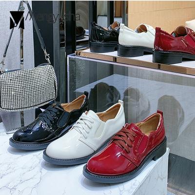 Модные кожаные туфли-оксфорды со шнуровкой, женские туфли в стиле ретро с круглым носком, женские туфли на среднем каблуке, небольшие кожаные туфли, блестящие мокасины с эластичной резинкой