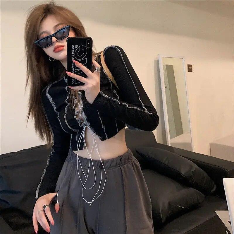 T-shirts Women Fashionable Bust Hollow-out Design Long Sleeve Cool Female Hipster Y2k Tees Crop Top Sexy Hot Girls High Street