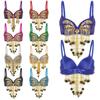 Womens Beaded Tassels Belly Dance Tops Stage Performance Costume Adjustable Straps Shiny Sequins Underwired Bra