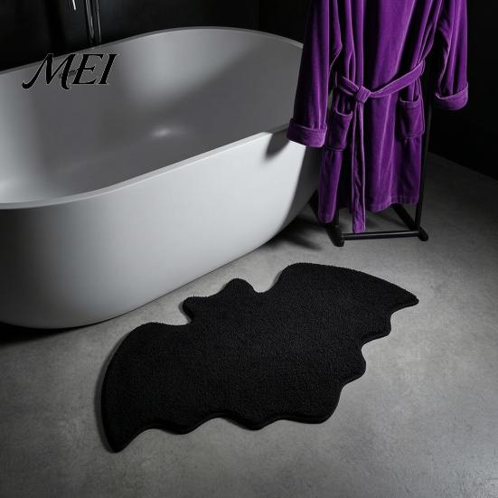 Easy to Clean Area Rug Spider Web Bath Mat, Halloween Gothic Bathroom Rug, Non-slip Washable Laundry Room Black Bat for Home Entrance Bedroom