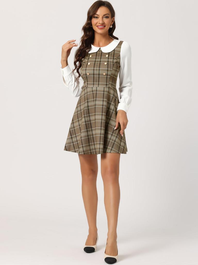 Allegra K Women's Round Collar Dress, Check Pattern, Button-Decorated, Flared A-Line Mini Dress, Brown, Size L