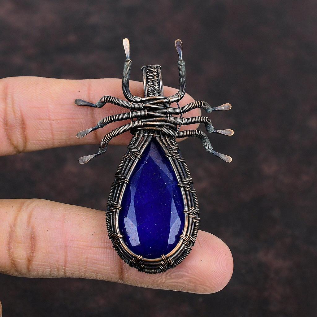 Faceted Blue Sapphire Pendant Copper Wire Wrapped Pendant Handmade Pendant Copper Wire Wrap Jewelry Gift For Mother Gemstone Spider Pendant