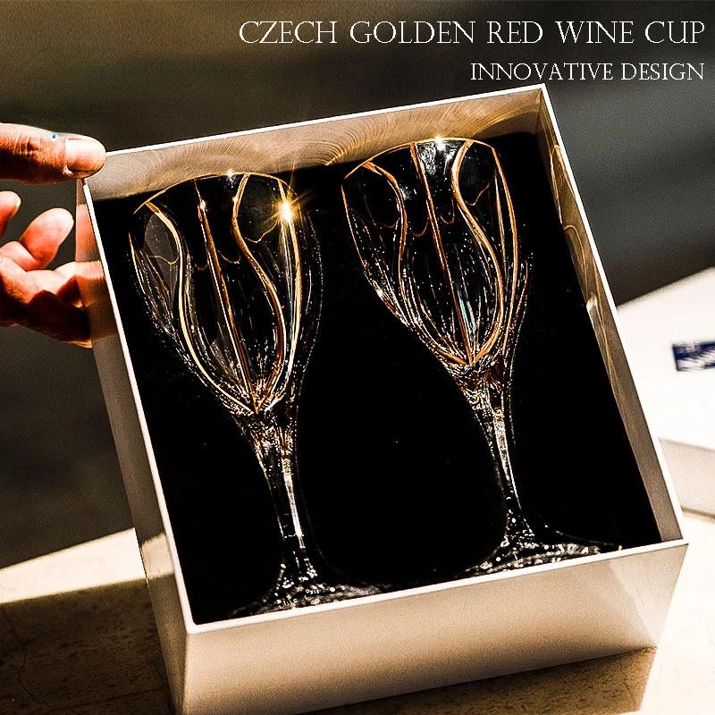 A Pair of High-end Gold-painted Red Wine Glasses, Light Luxury Household Crystal Glass Goblets, and a Gift Box.