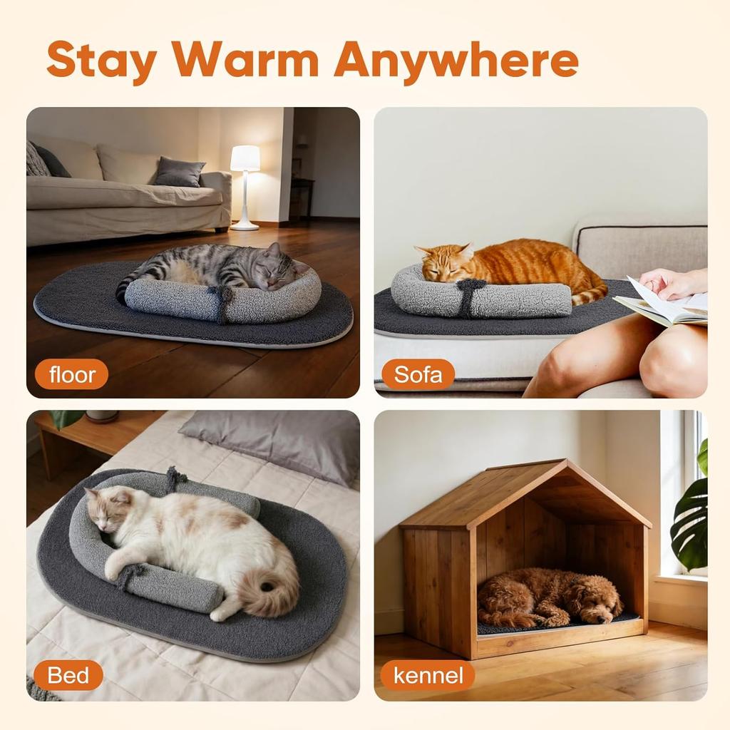 Self Warming Cat Bed Mat with Soft U-Shaped Pillow– Thickened Calming Cat Bed for Kittens and Small Dogs – Portable Washable Cats Warming Pad for