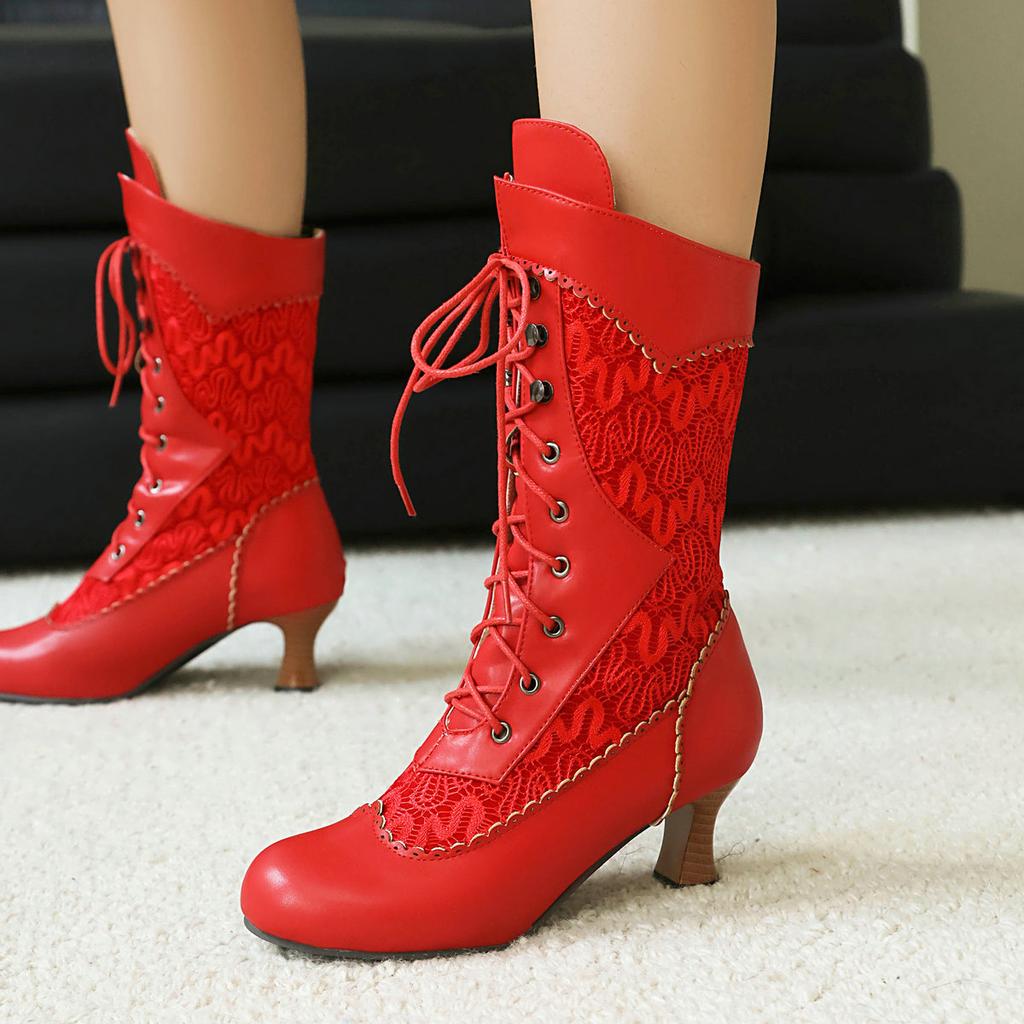 Осенне-зимние винтажные женские викторианские сапоги на шнуровке с высоким каблуком, ботильоны с оборками, обувь для косплея принцессы Лолиты для вечеринки