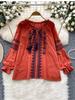 Women's Spring Autumn Shirt New Retro Bohemian Embroidered Lace Up Lantern Long Sleeves Blouse Top