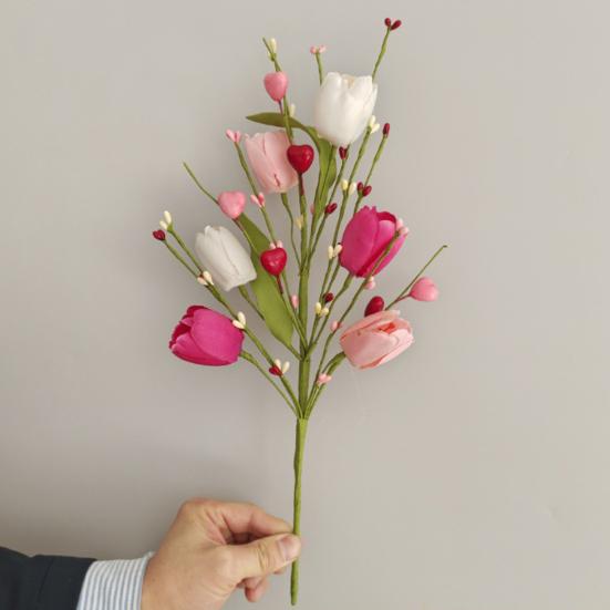 Valentine's Day Artificial Flower Faux Silk Tulip Stem with Pink White Red Heart Berries for Vase Centerpiece Wedding Home Decor