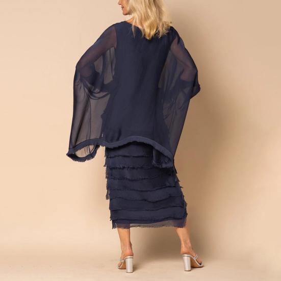 Платье-двойка с длинным рукавом и шалью, двухслойное шифоновое платье с круглым вырезом