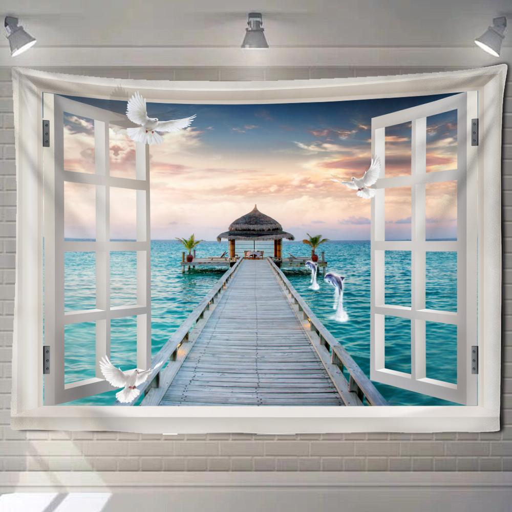 Beautiful Beach Scenery Window Painting Tapestry Wall Hanging Art Background Home Decor Aesthetics Outdoor Garden Poster